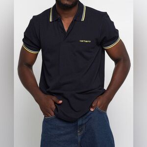 Carhartt Work in Progress Navy Polo Shirt with Yellow Trim - Size Small